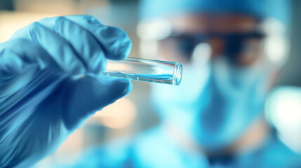 In a laboratory, a doctor's hand inspects a test tube filled with a colorful liquid, while another figure in blue attire prepares a solid oval object