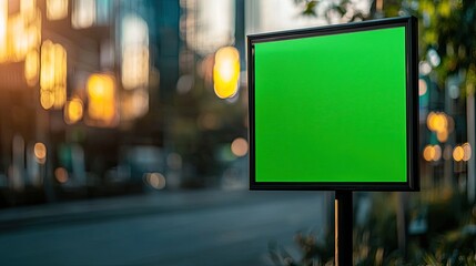 A vibrant green advertising sign stands in an urban setting, capturing the essence of city life during a tranquil evening.