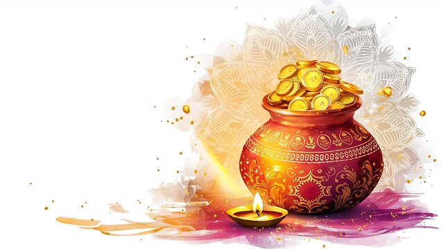 Happy dhanteras celebration with gold kalash and oil lamp diya diwali background