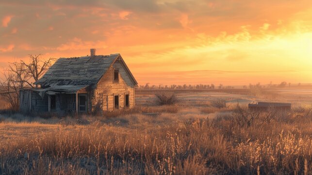 A frequent scene while driving through the prairies an abandoned property with shacks houses and garages entirely overgrown The sky in this photo has an orange haze due to the Alberta wildfires