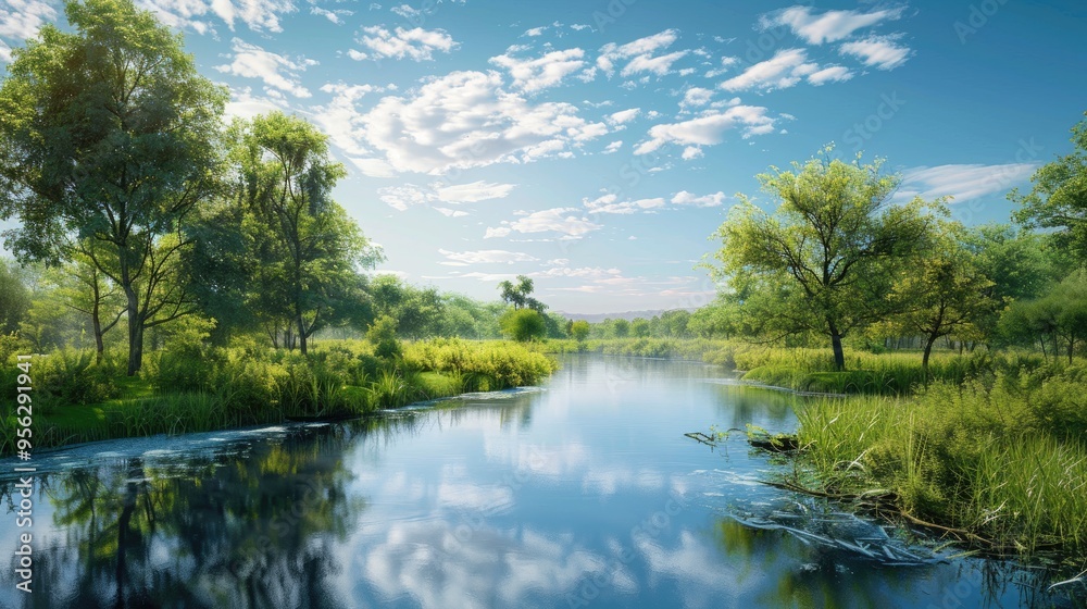 Aufkleber the image depicts a tranquil riverside scene where the calm waters mirror the lush greenery and clea