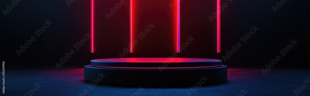 Aufkleber Black podium with a black background featuring a display emitting red light 3D rendering
