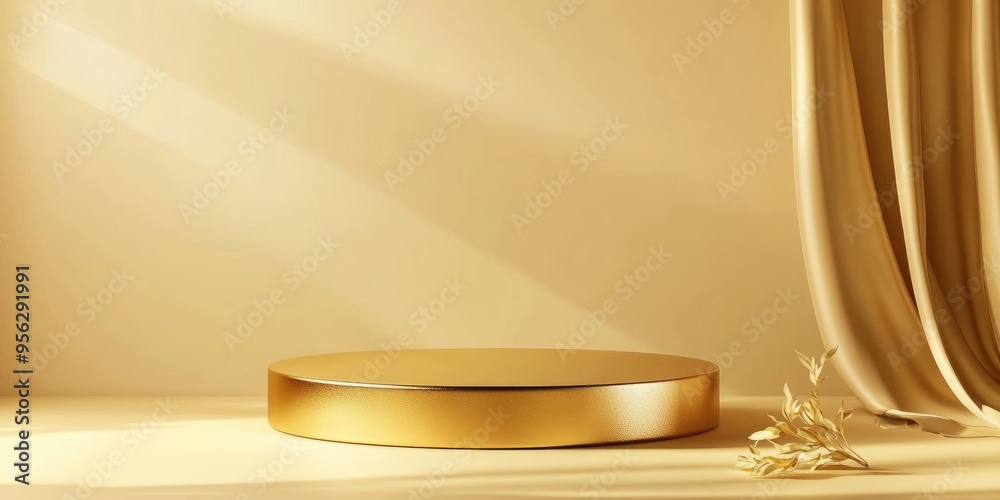 Leinwandbilder Elegant golden background featuring a gold podium mockup providing an empty space for product display and presentation 3D rendering