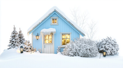 Winter rural blue house in the snow, illustration