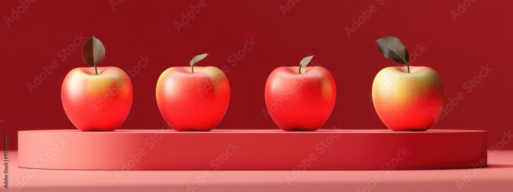 Poster apples displayed on a podium with a red backdrop 3d illustration