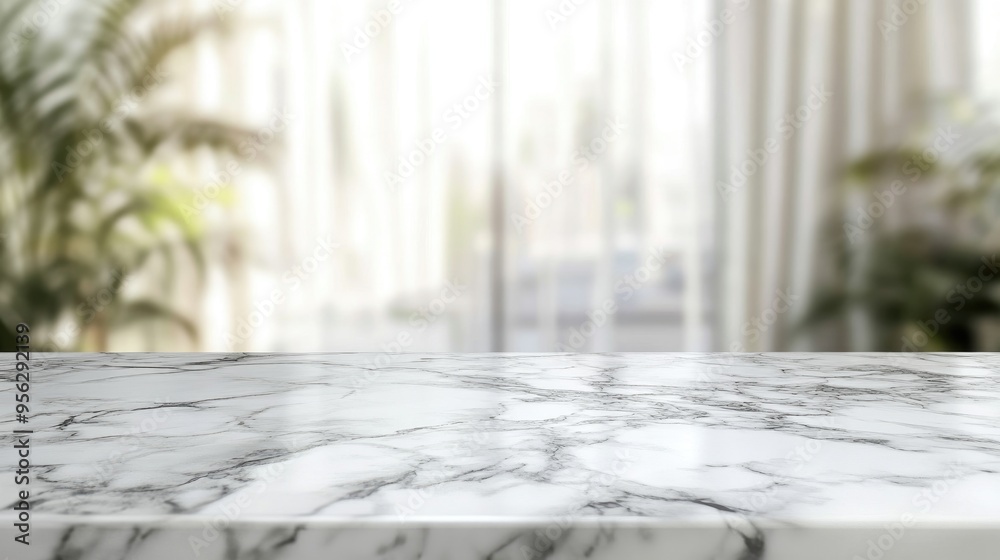 Poster white marble table top with a blurred abstract interior background suitable for displaying or showca