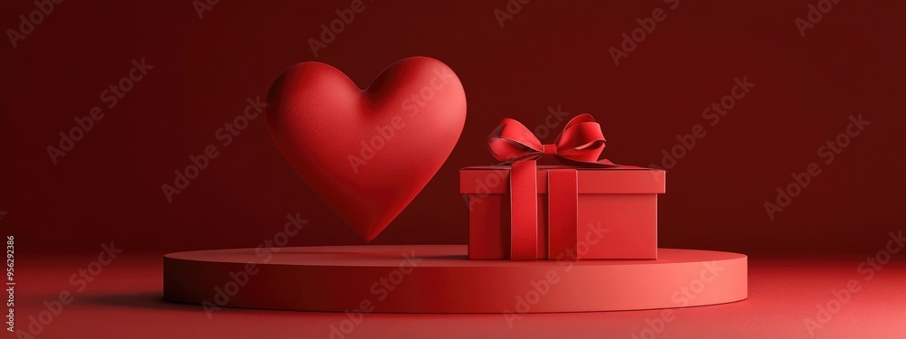 Poster minimalistic podium display featuring a red heart and a gift box adorned with a ribbon bow set again