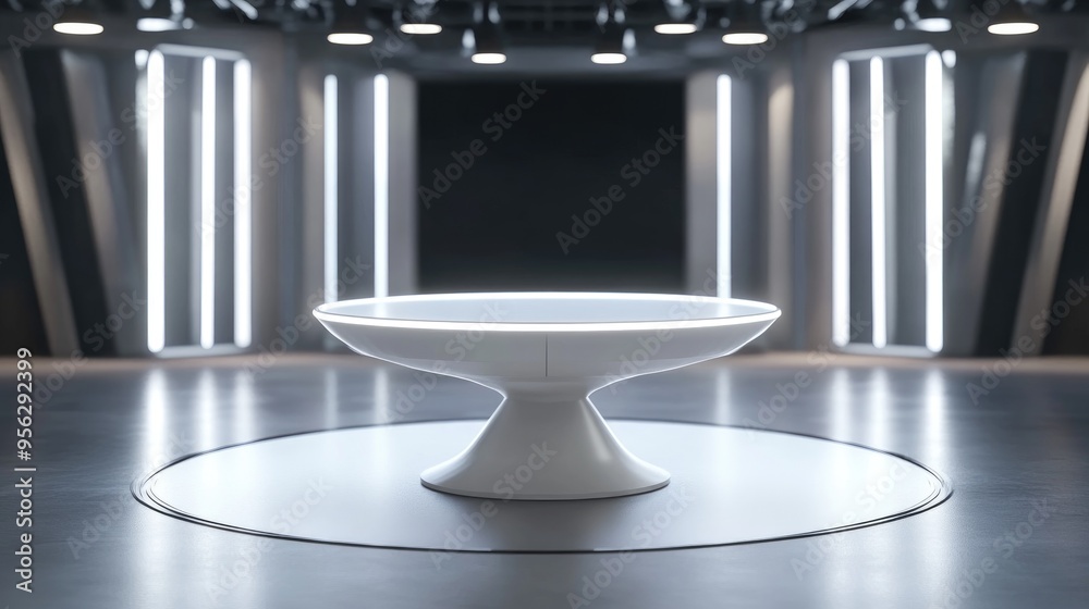 Poster White table on a stand with a LED screen backdrop in a news studio 3D rendering