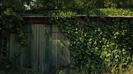 Wild grapes Virginia creeper on the fence and garage dense vegetation near an abandoned house