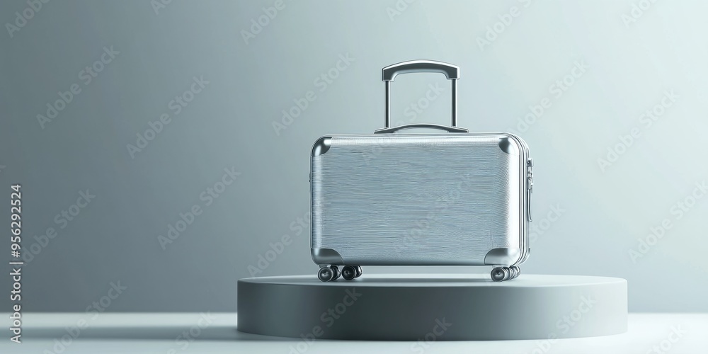 Aufkleber silver suitcase trophy symbolizing victory on a podium with a light background banner indicating sec