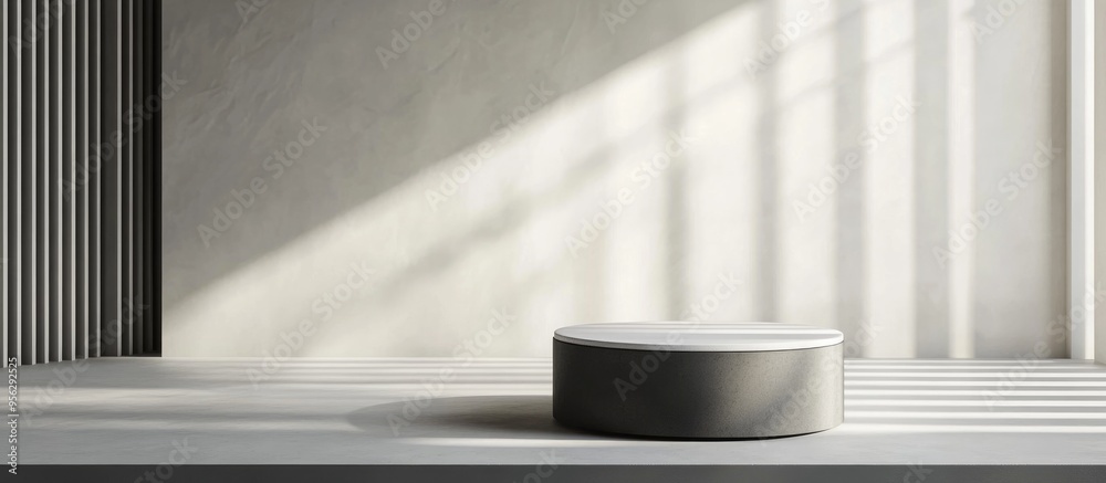 Poster minimalistic 3d gray and white cylindrical podium with an abstract geometric shape in a studio setti