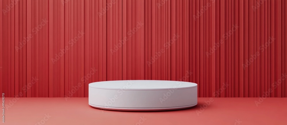 Poster Empty white podium against a red backdrop Mockup display for product showcase 3D rendering Minimalist design Advertising template