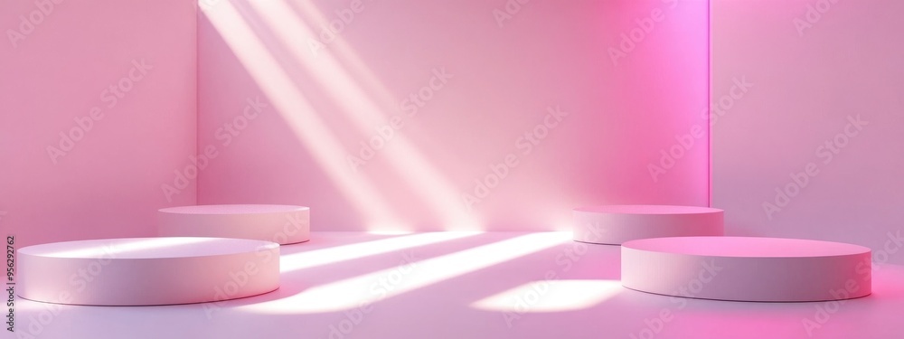 Aufkleber empty 3d rendered studio featuring white geometric podium on the floor abstract platforms for produc