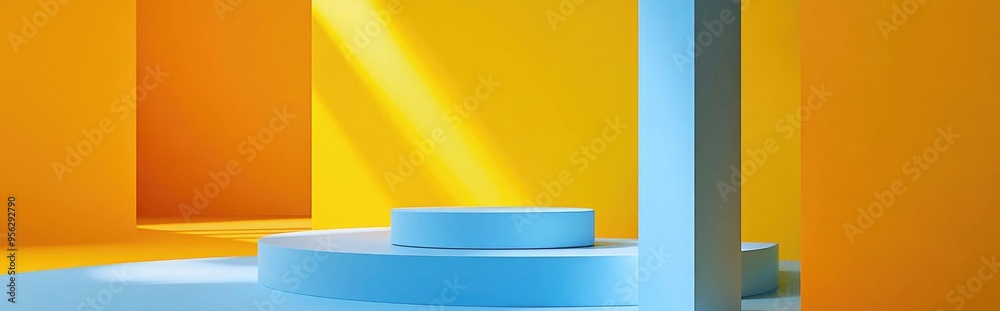 Aufkleber Blue product display in a bright yellow space studio setup for minimalistic design 3D visualization