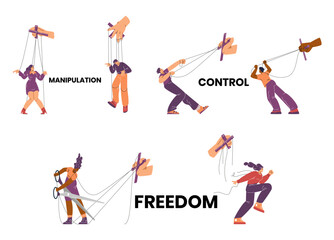 Puppet people controlled by hand vector set with manipulation, control, freedom inscriptions, tied with ropes marionette