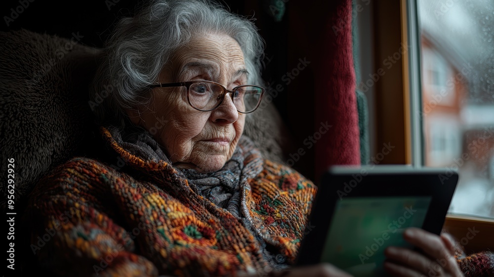 Wall mural Senior Care: Nurse Assisting Elderly Woman for Virtual Medical Consultation at Home with Tablet in Cozy Environment