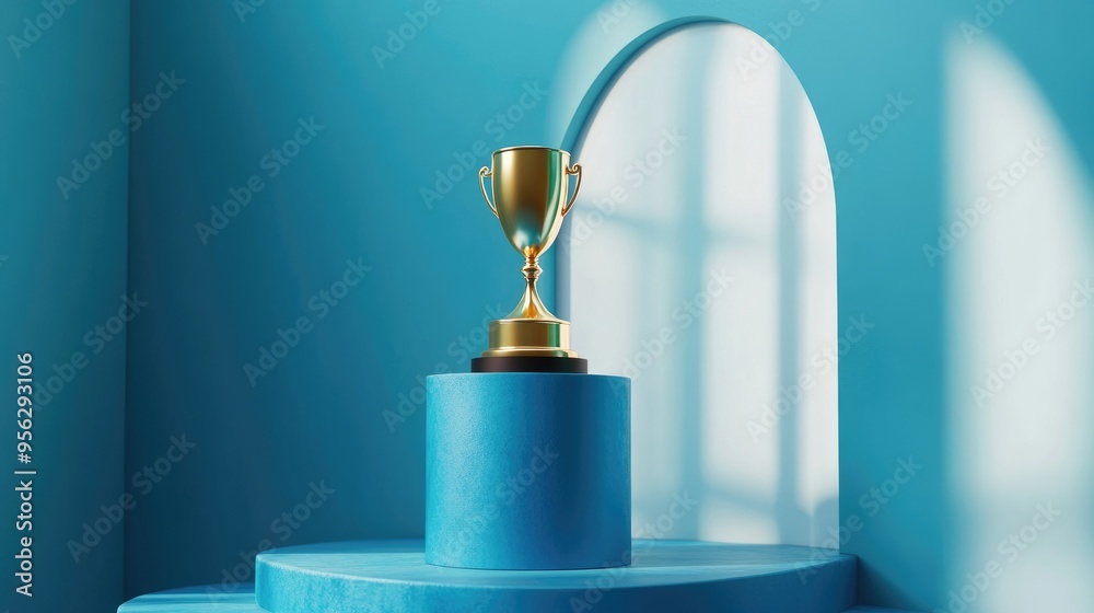 Aufkleber Golden Award Trophy placed on a blue realistic cylinder podium with an arch window in a studio setting featuring steps captured in extreme close up 3D rendering