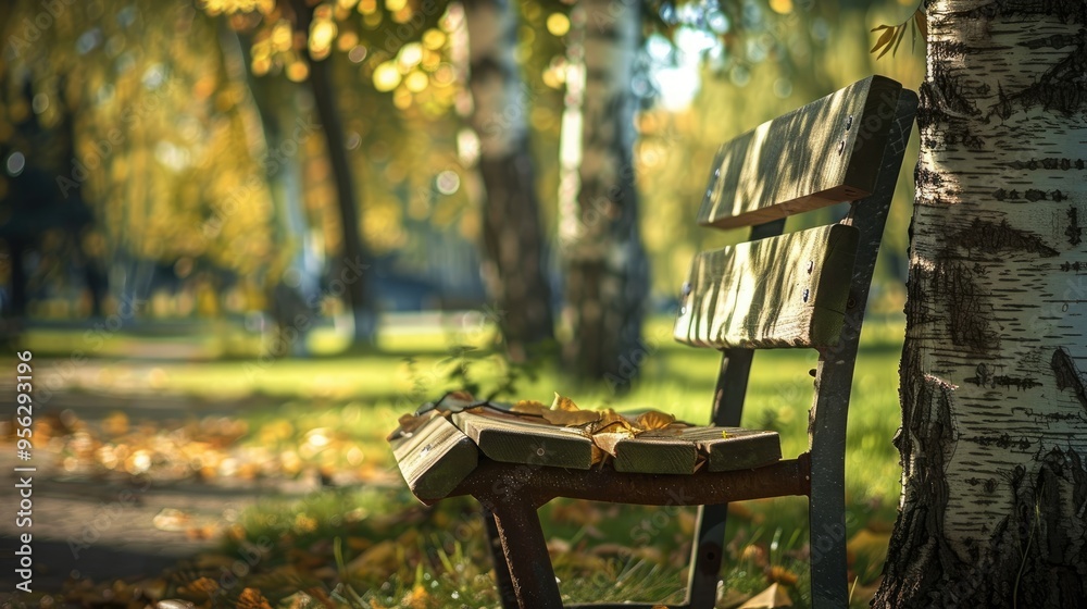 Poster View of Birch Tree from Exercise Bench at Outdoor Gym Sharp Birch Blurred Bench A captivating view of a birch tree from an exercise bench at an outdoor gym with the birch tree sharply focused and