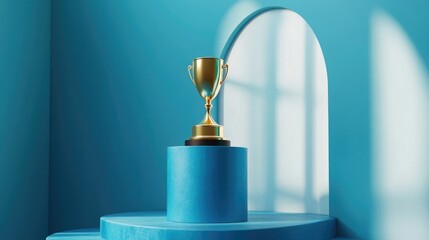 Golden Award Trophy placed on a blue realistic cylinder podium with an arch window in a studio setting featuring steps captured in extreme close up 3D rendering
