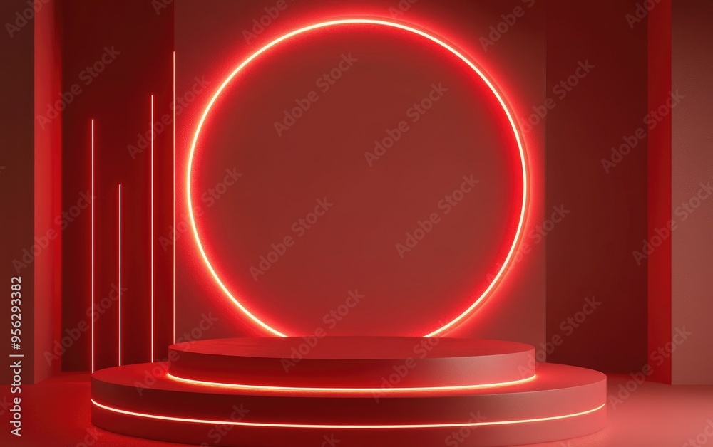 Poster minimalist 3d red cylinder podium set against a studio backdrop abstract geometric shape illustratio