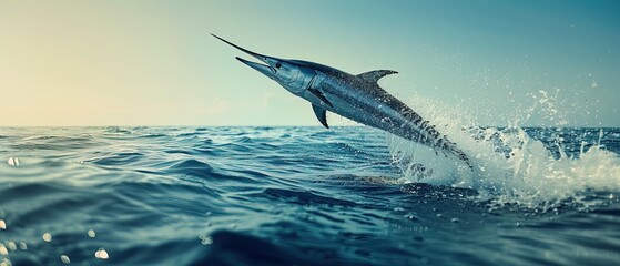 Close up Black marlin paus jumping to mid air over sea