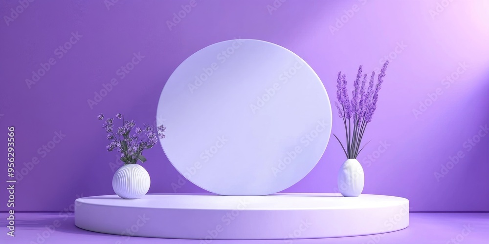 Poster geometric shapes on a white podium with a purple backdrop in a simple 3d render illustration