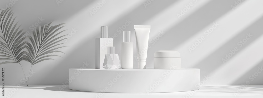 Poster modern white backdrop with a white podium displaying geometric cosmetic products 3d rendering