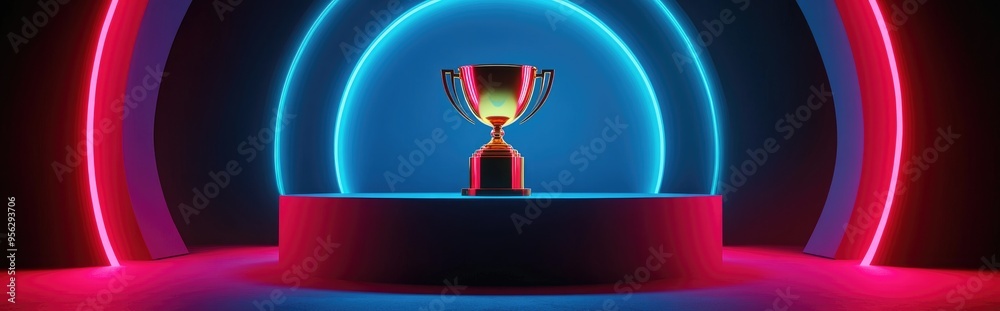 Poster Minimalist abstract podium with a golden trophy set against an arched background The victory pedestal features a sleek design 3D rendering