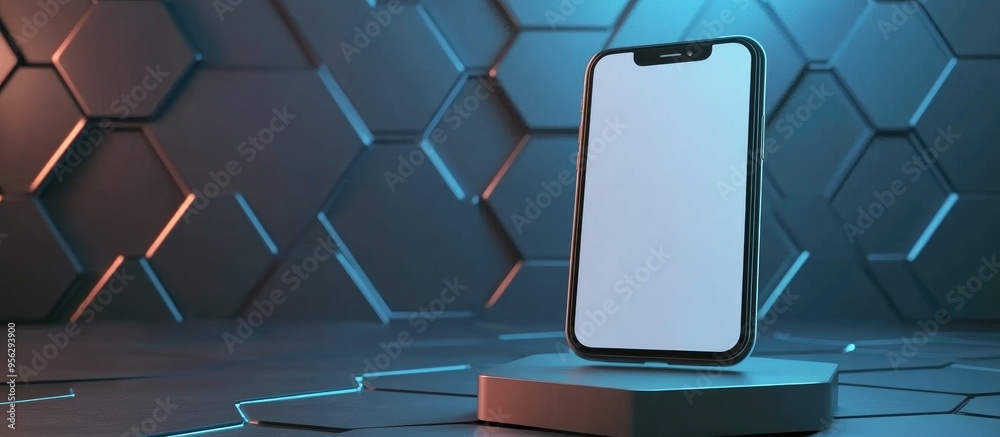 Aufkleber Blank smartphone display on a stand with a placeholder and blue hexagonal backdrop Innovative presentation idea 3D rendering