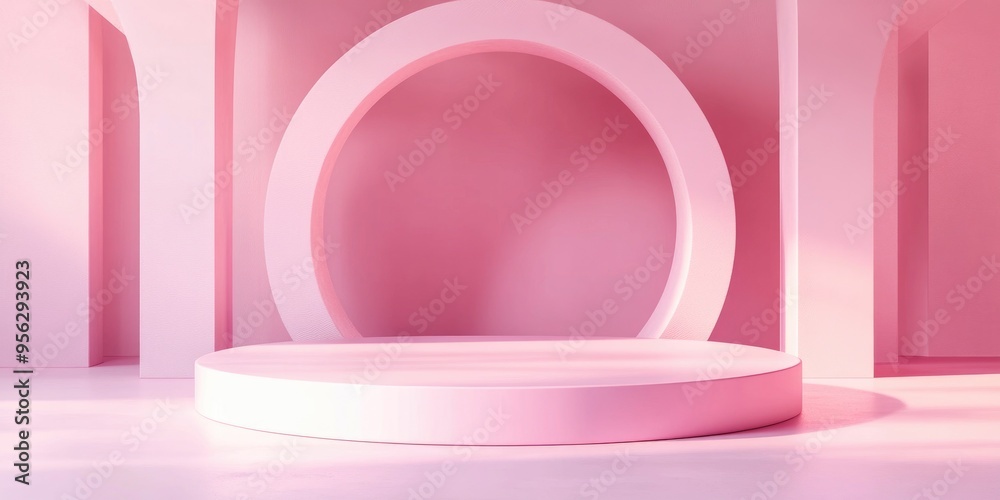 Poster minimalist design in 3d with a pink color palette featuring a podium mockup for presentation against