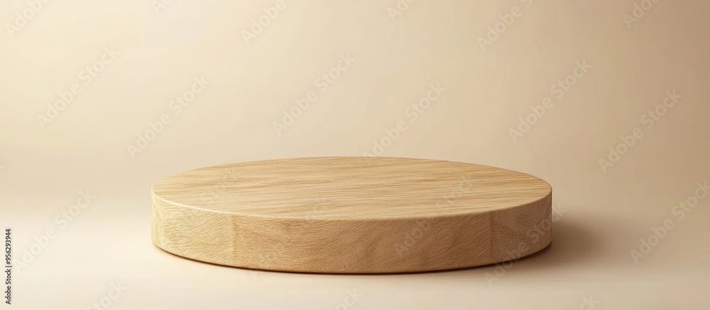 Poster Wooden round podium on a neutral background for showcasing products Front view with ample copy space