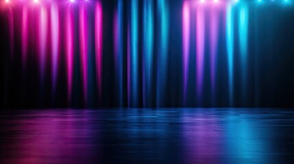 Vibrant stage lights in shades of pink and blue create a dramatic backdrop, perfect for performances and events.