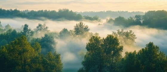 Fototapeta premium Trees in the fog. The smoke in the forest in the morning. A misty morning among the trees