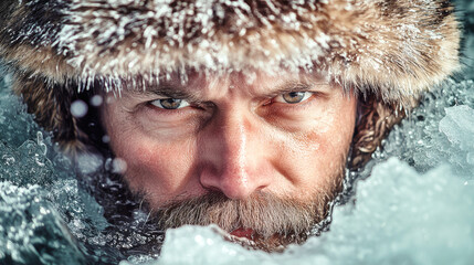 A bearded man clad in a fur hat immerses himself in a freezing ice hole, revealing intense eyes and a determined expression against winter's chill