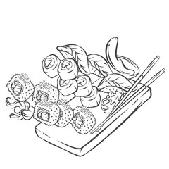Flying Japanese sushi, rolls and wooden board line icon. Outline chopsticks and fish sushi, futomaki and uramaki falling for eating. Asian food mascot, hand drawn snacks icon vector illustration