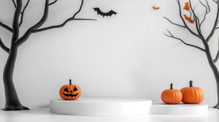 White Podium with Halloween Shopping Concept for Product Display, 3D Render Illustration. AI generated illustration.