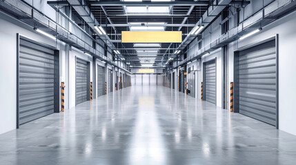 Obraz premium Clean, modern warehouse featuring gray doors and a yellow self-service sign, leading into a tidy interior filled with closed garages and spacious surroundings