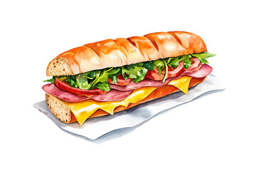 Sub Sandwich with ham, cheese and vegetables, watercolor clipart illustration with isolated background.