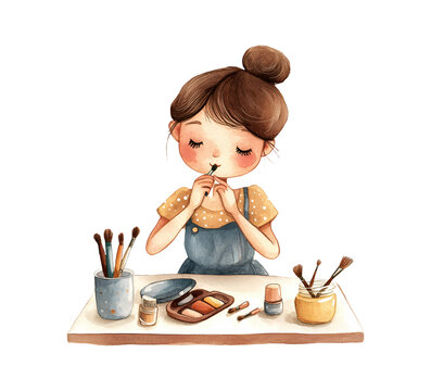 girl applying makeup watercolor style clip art preview