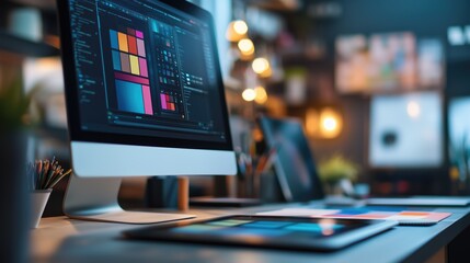 Designers workspace with computer monitor and color swatches on graphic tablet screen