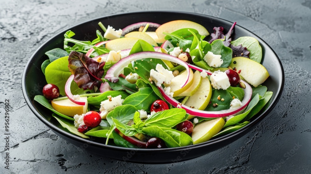 Aufkleber green salad with apples goat cheese cranberries red onion and pepitas in black bowl on concrete tabl
