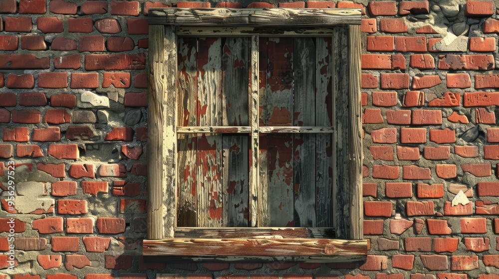Poster a shot of a window with a wooden frame and an old red brick wall with damaged texture