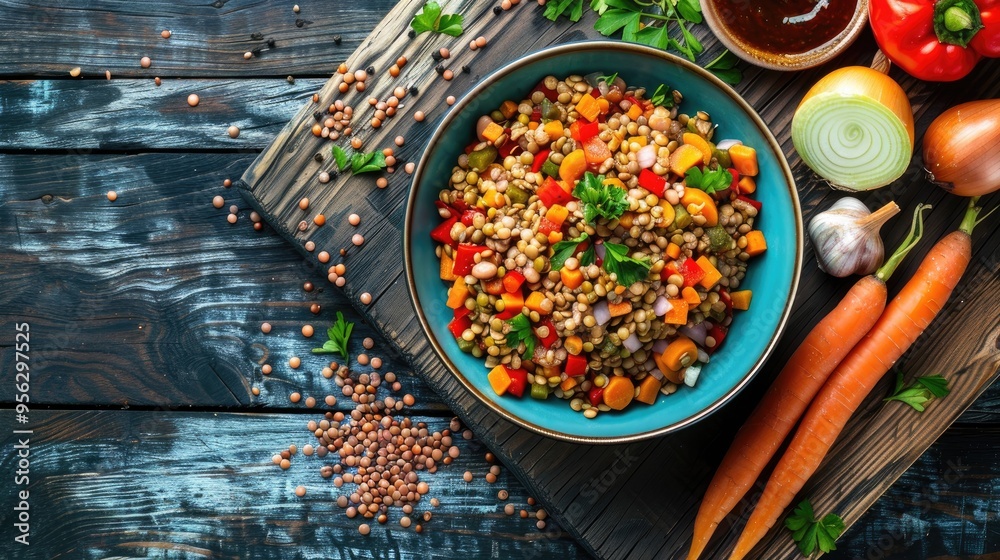 Aufkleber lentil salad with peppers onion and carrot in bowl on wooden table top view