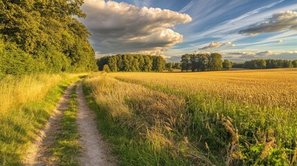 Obraz premium Wheat field along old oak track