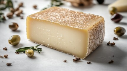 Aged goat cheese with olives and nuts adorns a white table, showcasing gourmet elegance.