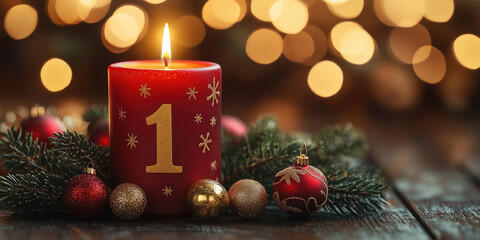 Red candle with number one surrounded by christmas decoration, marking the first sunday of advent, a time of waiting, preparation for the celebration of the nativity of Jesus Christ. Erster Advent