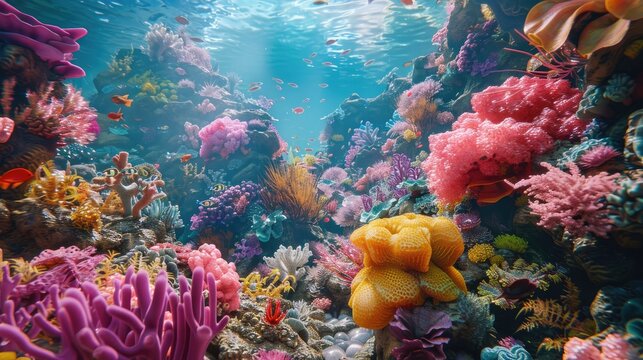Colorful ocean floor with sea sponges on a coral reef