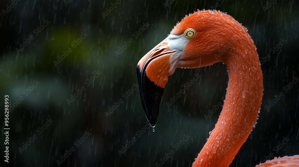 Poster A flamingo is standing in the rain with its head tilted to the side