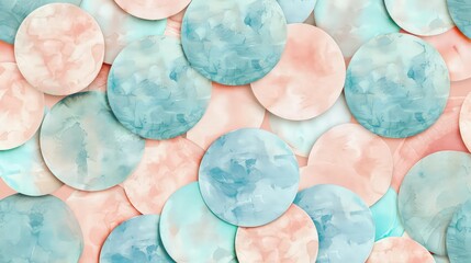 A repeating pattern of soft, pastel watercolor circles overlapping each other in shades of melon, sky blue, and dusty pink, each blending seamlessly at the edges.