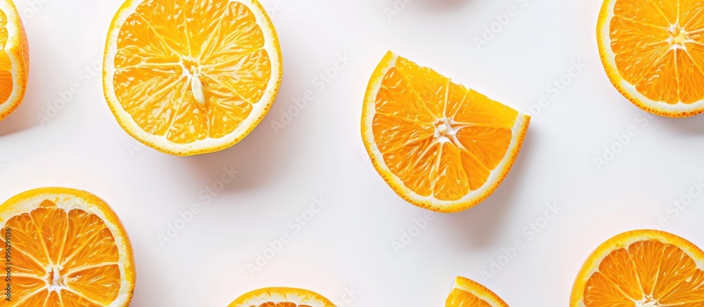 Fototapete fresh orange slices artfully displayed on a pristine white backdrop with copy space image